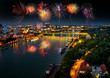 Fireworks over the Old Town in Bratislava, new bridge over Danube river with evening lights in capital city of Slovakia,Bratislava