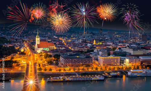 Fireworks over the Old Town in Bratislava, new bridge over Danube river with eve Canvas Print
