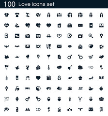 Poster - Love icon set with 100 vector pictograms. Simple filled heart icons isolated on a white background. Good for apps and web sites.