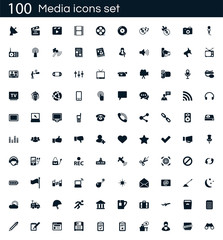 Poster - Media icon set with 100 vector pictograms. Simple filled icons isolated on a white background. Good for apps and web sites.