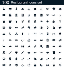 Wall Mural - restaurant icon set with 100 vector pictograms. simple filled food icons isolated on a white backgro