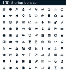 Poster - Startup icon set with 100 vector pictograms. Simple filled business isolated on a white background. Good for apps and web sites.