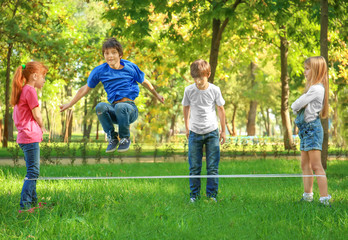 Wall Mural - Cute little children jumping rope in park