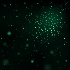 Wall Mural - Green stars black night sky background. Abstract bokeh glowing space design. Starry milky way. Galaxy starlight shine sparkle. Golden shiny fantasy glow in dark Vector illustration