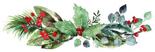 Watercolor Scandinavian Christmas Composition. Hand Drawn Winter Decoration. Magnolia Leaves, Rosemary Branch, Spruce, Eucalyptus, Holly And Pinecones Bouquet.