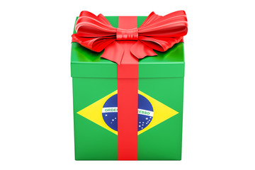 Poster - gift box with flag of brazil, holiday concept. 3d rendering