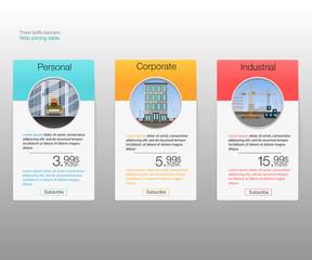 Three tariffs banners. Web pricing table. Vector design for web app. Price list.