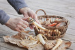 © Elisabeth Coelfen/Stocksy - Male hands peeling some parsnips next to a basket filled with root vegetables