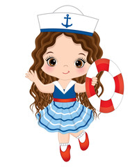 Wall Mural - Vector Cute Little Girl Dressed in Nautical Style with Buoy