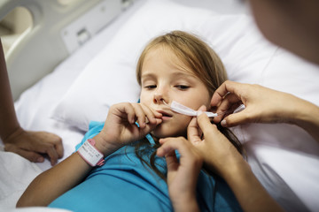 Wall Mural - Young Caucasian girl staying at a hospital