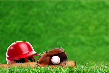 Wall Mural - Baseball Equipment on Grass With Copy Space