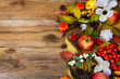 Thanksgiving background with white berries and flowers, copy space