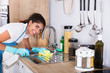 © Andrey Popov - Woman Cleaning Kitchen Sink With Yellow Cloth And Spray