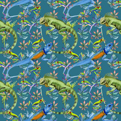 Wall Mural - Exotic iguana pattern in a watercolor style. Full name of the reptilian: iguana. Aquarelle exotic reptilian for background, texture, wrapper pattern or tattoo.