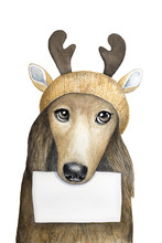 Closeup Portrait Of A Dog In Reindeer Costume Holding A White Paper, Where Can Be Any Message. Watercolor Illustration Isolated On White Background. Can Be Used As Postcard, Invitation, Gift Tag, Etc.