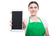 © Catalin Pop - Smiling woman employer presenting a smartphone