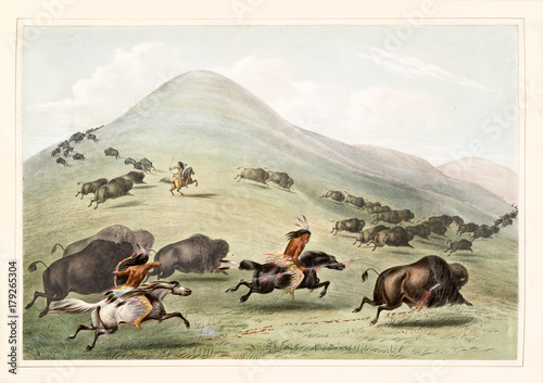  Obrazy Indianie   obraz-na-plotnie-stara-akwarelowa-ilustracja-indianskich-polujacych-na-biegnacych-bawolow