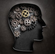 Brain model concept made from gears and cogwheels in metal plate 3d illustration