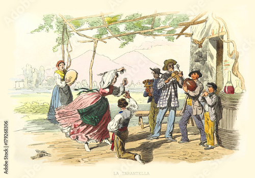 Plakaty folk  starozytni-ludzie-tancza-tarantelle-pod-pergola-stara-ilustracja-autorstwa-duclere-i-cucinotta
