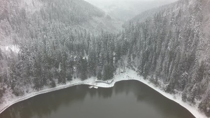 Wall Mural - aerial view of a mountain lake in winter,  raw, 4K