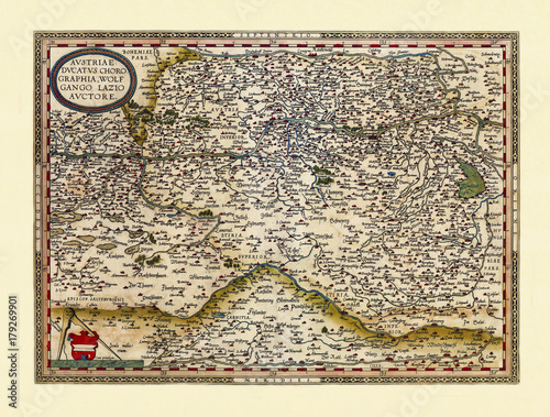 Obraz na płótnie Old map of Austria Excellent state of preservation realized in ancient style All the graphic composition is inside a frame By Ortelius, Theatrum Orbis Terrarum, Antwerp, 1570