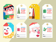 Christmas Gift Tags Template Set. Vector Printable Xmas Box Or Letter Labels Design. Santa, Reindeer, Snowman And Elf Characters Badges Or Cards.
