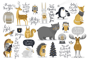 Poster - Christmas set, hand drawn style - calligraphy, animals and other elements.