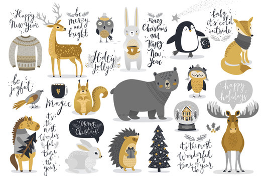 Fototapete - Christmas set, hand drawn style - calligraphy, animals and other elements.