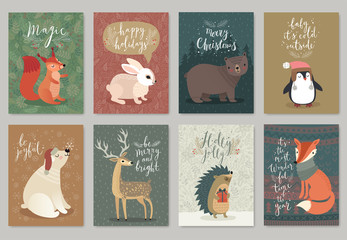 Poster - Christmas animals card set, hand drawn style.
