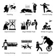 Animal Rights and Issues Stick Figure Pictogram Icons. Illustrations depicts poaching, extinction, animal cruelty, experimentation, illegal wildlife trade, factory farming, entertainment, and circus.