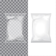 Set Of Transparent And White Foil Bag Packaging For Food, Snack, Coffee, Cocoa, Sweets, Crackers, Nuts, Chips. Vector Plastic Pack Mock Up