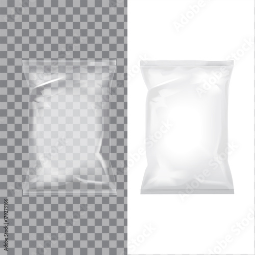 Fotografie, Obraz Set of transparent and white foil bag packaging for food, snack, coffee, cocoa, sweets, crackers, nuts, chips