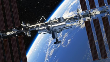 Wall Mural - 4k. flight of international space station on the background of earth. 3d animation. 3840x2160.