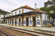 Small Railway Station With Azulejos Tiles At Dawn. Douro Region. Pinhao. Portugal