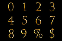 Vintage Font Yellow Gold Metallic Numeric Letters Word Text Series With Dollar, Percent, Symbol Sign On Black Background, Concept Of Golden Luxury Number Decoration