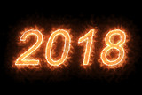 Fototapeta  - burning 2018 fire word text with flame and smoke in fire on black background with alpha channel, concept of holiday happy new year