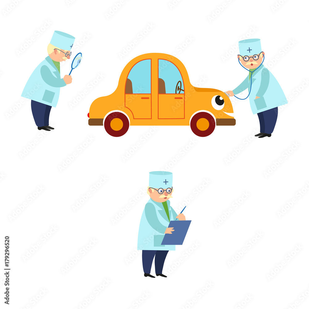 Funny old doctor examining sick comic car character with stethoscope ...