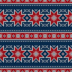 Wall Mural - Winter Holiday Seamless Knitting Pattern with Snowflakes. Fair Isle Knitted Sweater Design. Christmas Seamless Background