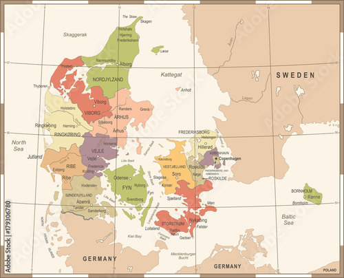 Cuadros en Lienzo Denmark Map - Vintage Vector Illustration