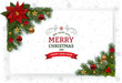 Christmas background with decoration and paper. Decorative Christmas festive background with Christmas flowers, balls stars and ribbons.