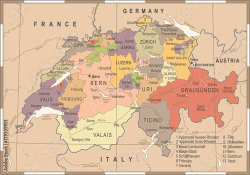 Fotografía Switzerland Map - Vintage Vector Illustration