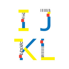 Poster - Vector set with abc letters I, J, K and L in geometry style with glitch and hand drawn elements. Bright graphic font for education, logo and lettering