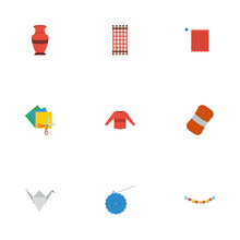 Flat Icons Pottery, Needlework, Wool And Other Vector Elements. Set Of Handmade Flat Icons Symbols Also Includes Sweater, Skein, Colorful Objects.