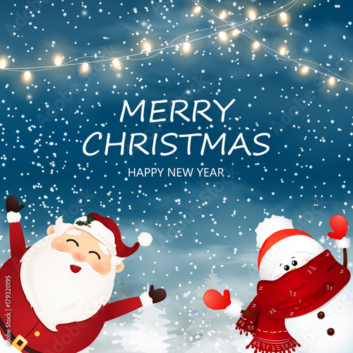 Merry Christmas Happy Christmas Companions Cute Cheerful Santa Claus With Baby Little Snowman In Snow Scene Winter Landscape Buy This Stock Vector And Explore Similar Vectors At Adobe Stock Adobe Stock