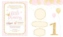 Pink And Gold Princess Party Decor. Cute Happy Birthday Card Template Elements. Birthday Party And Girl Baby Shower Design Elements Set. Glitter Texture. Golden Gloss Effect