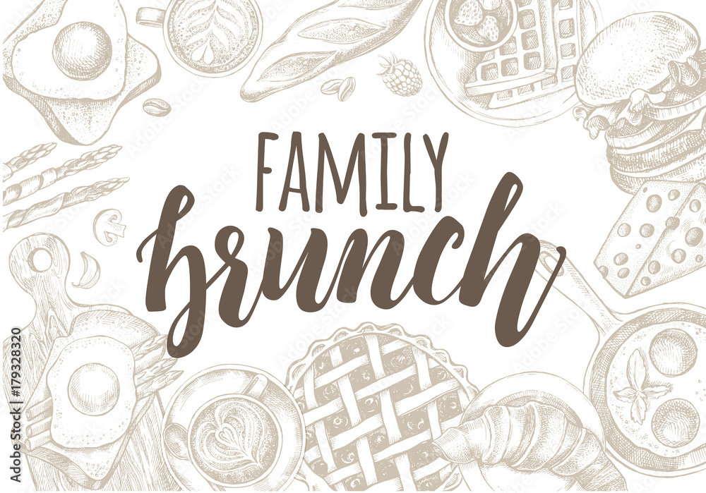 Background with ink hand-drawn food and drinks. Breakfast and brunch ...