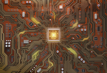Poster - Circuit board with CPU.  Motherboard system chip with glowing processor. Computer´s technology and internet concept.