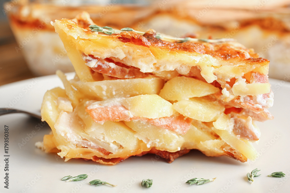 Tasty potato casserole, closeup