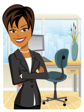 Pretty Black Businesswoman In A Suit With Her Arms Crossed On An Office Background With City Skyline Outside Window