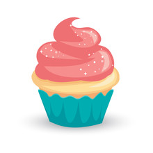 Pretty Cartoon Vanilla Cupcake With Pink Icing And Sparkly White Sprinkles